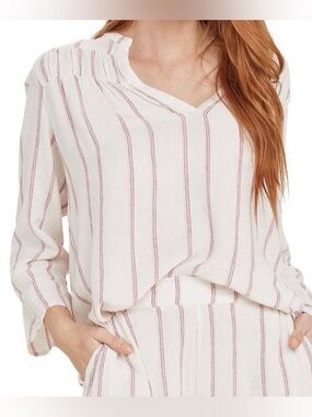 Splendid women's V-neck blouse in a white, red & pink striped pattern.